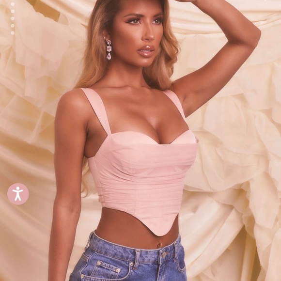 Oh Polly Satin Mesh Bustier Crop Top in Blush - Picture 2 of 5